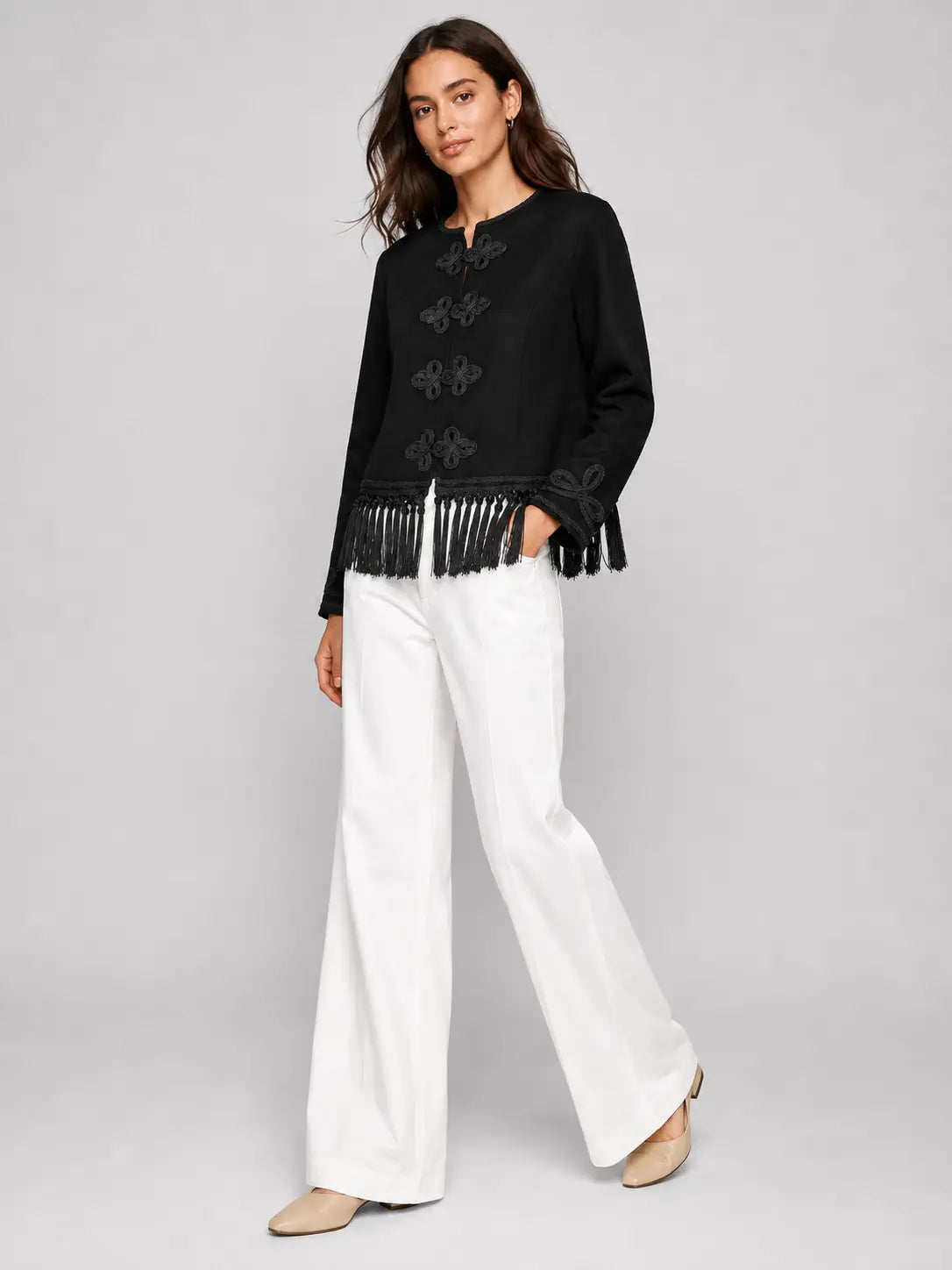 Cropped Blazer with Fringe and Knot Closures