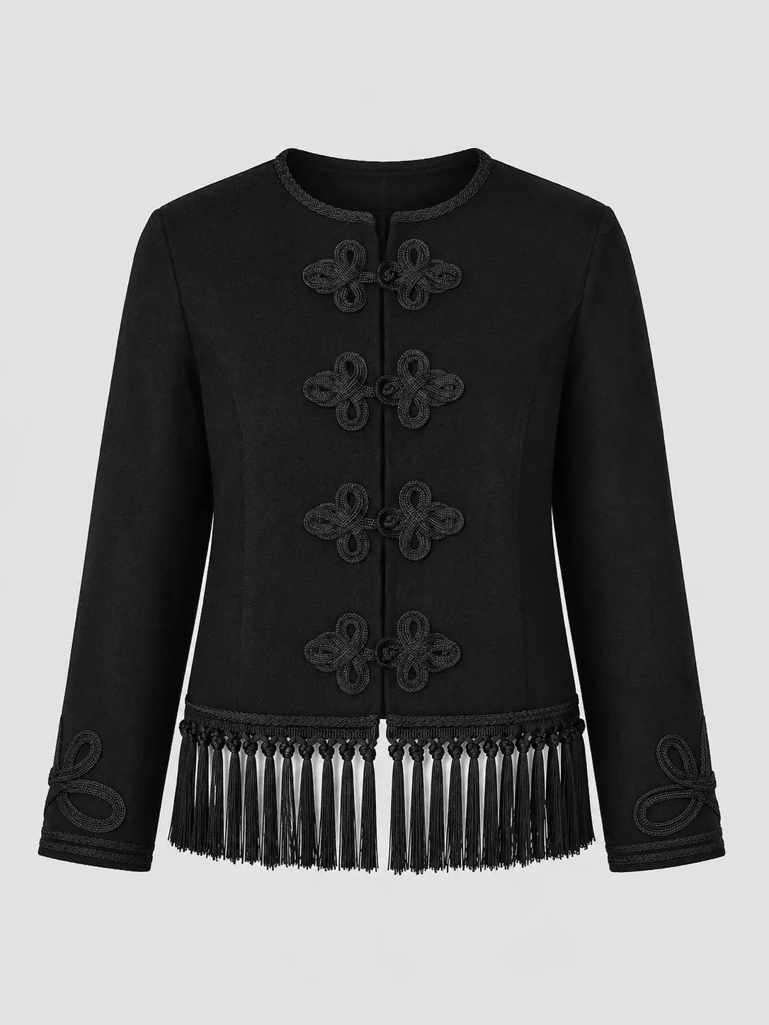 Cropped Blazer with Fringe and Knot Closures