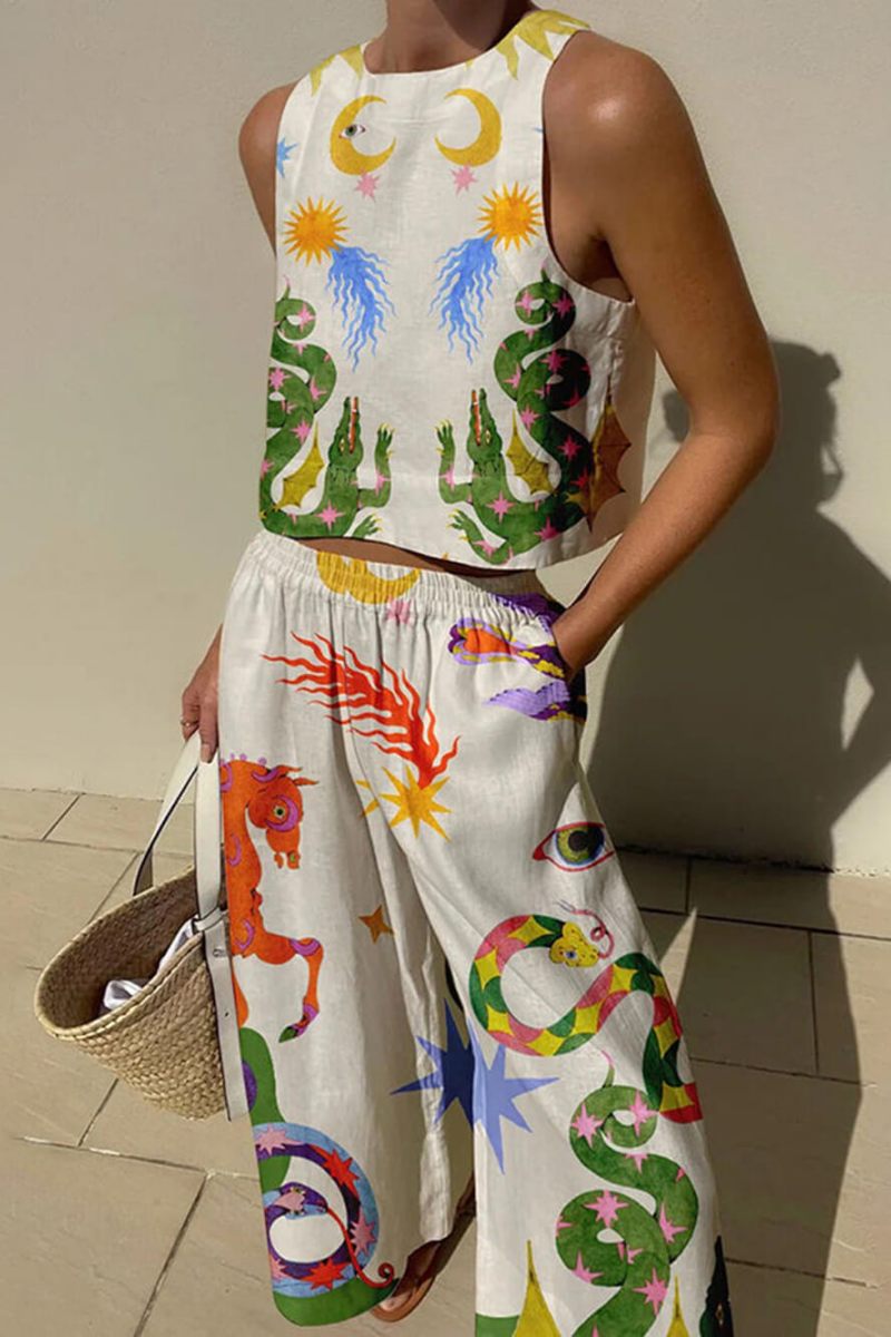 Linen Blend Distinctive Print Tank Set