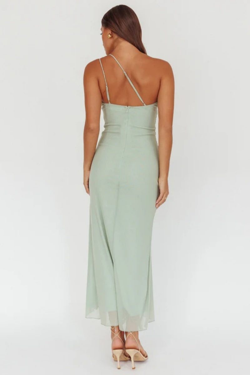 Haven One-Shoulder Ruffled Accent Maxi-Length Dress Sage