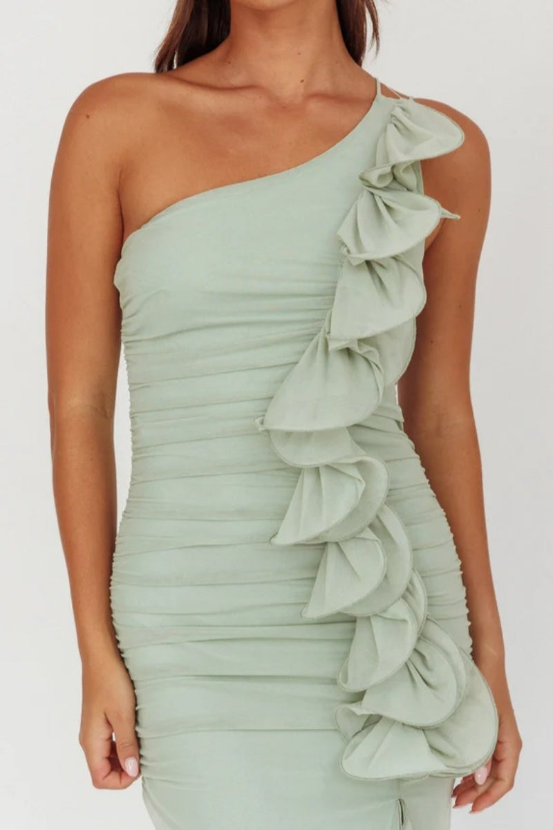 Haven One-Shoulder Ruffled Accent Maxi-Length Dress Sage