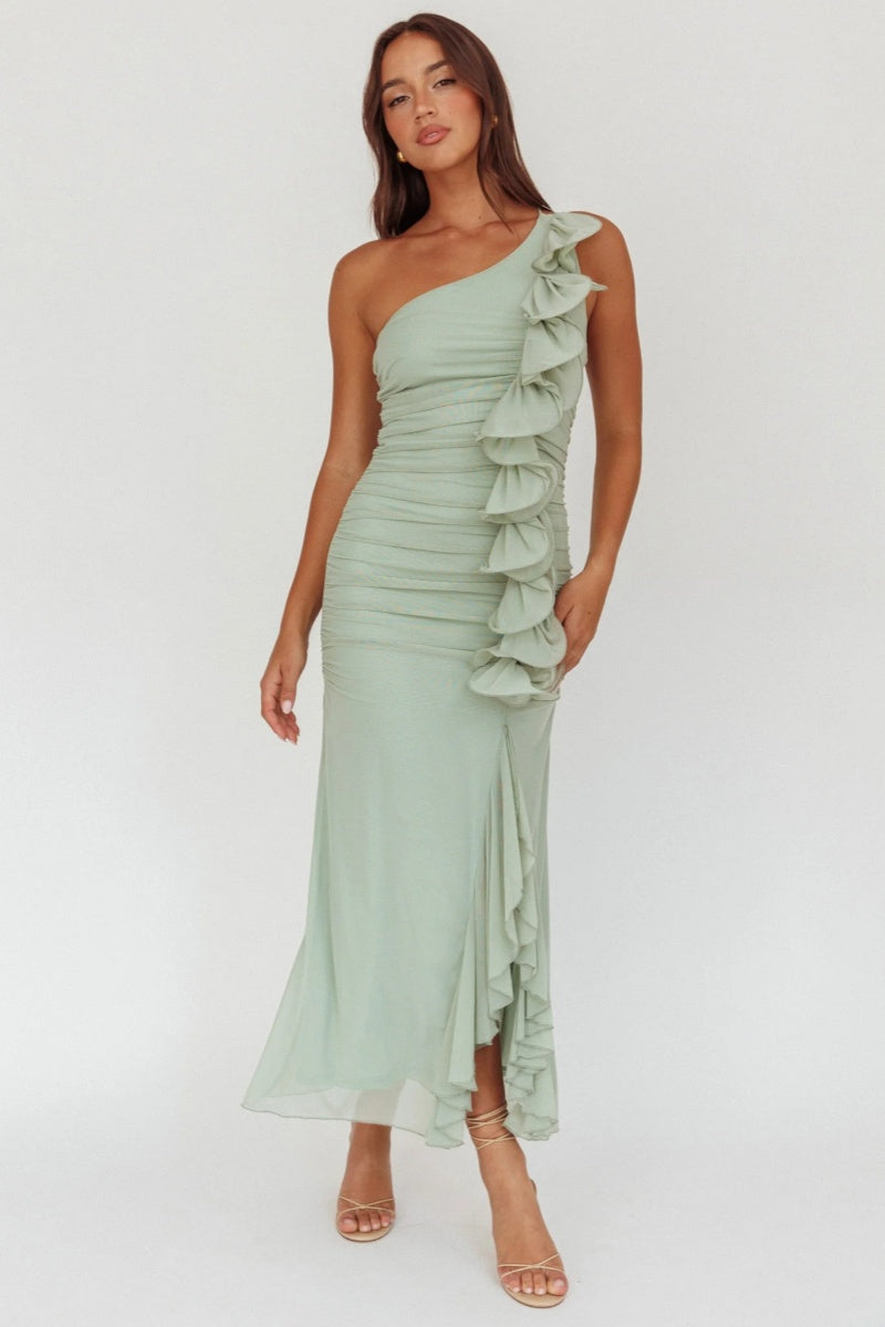 Haven One-Shoulder Ruffled Accent Maxi-Length Dress Sage
