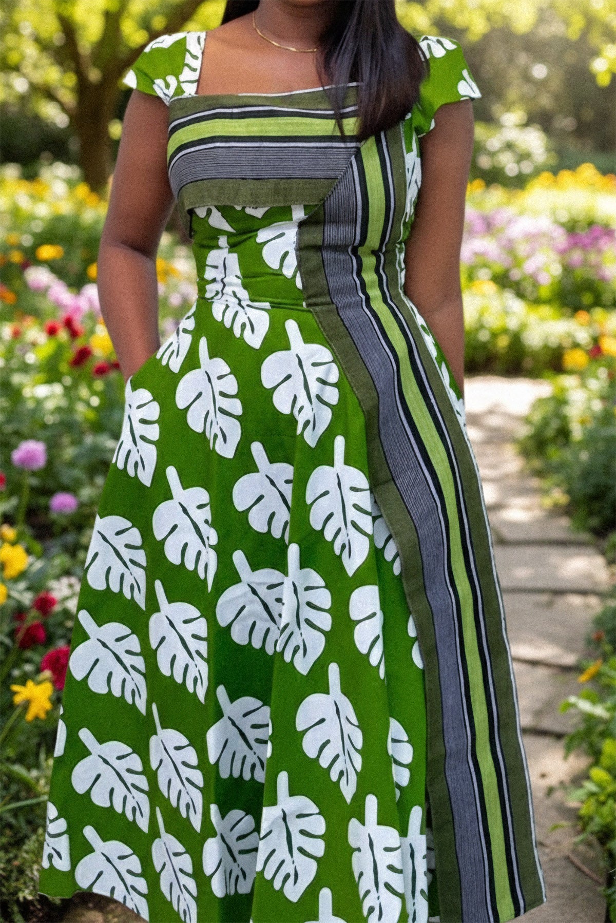 Green Monstera Leaf Midi-Length Dress