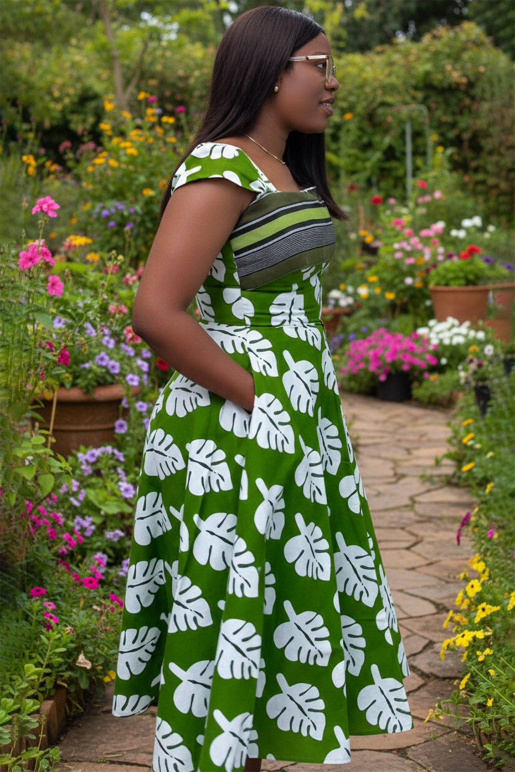 Green Monstera Leaf Midi-Length Dress
