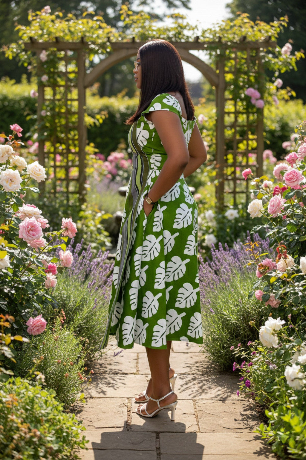 Green Monstera Leaf Midi-Length Dress