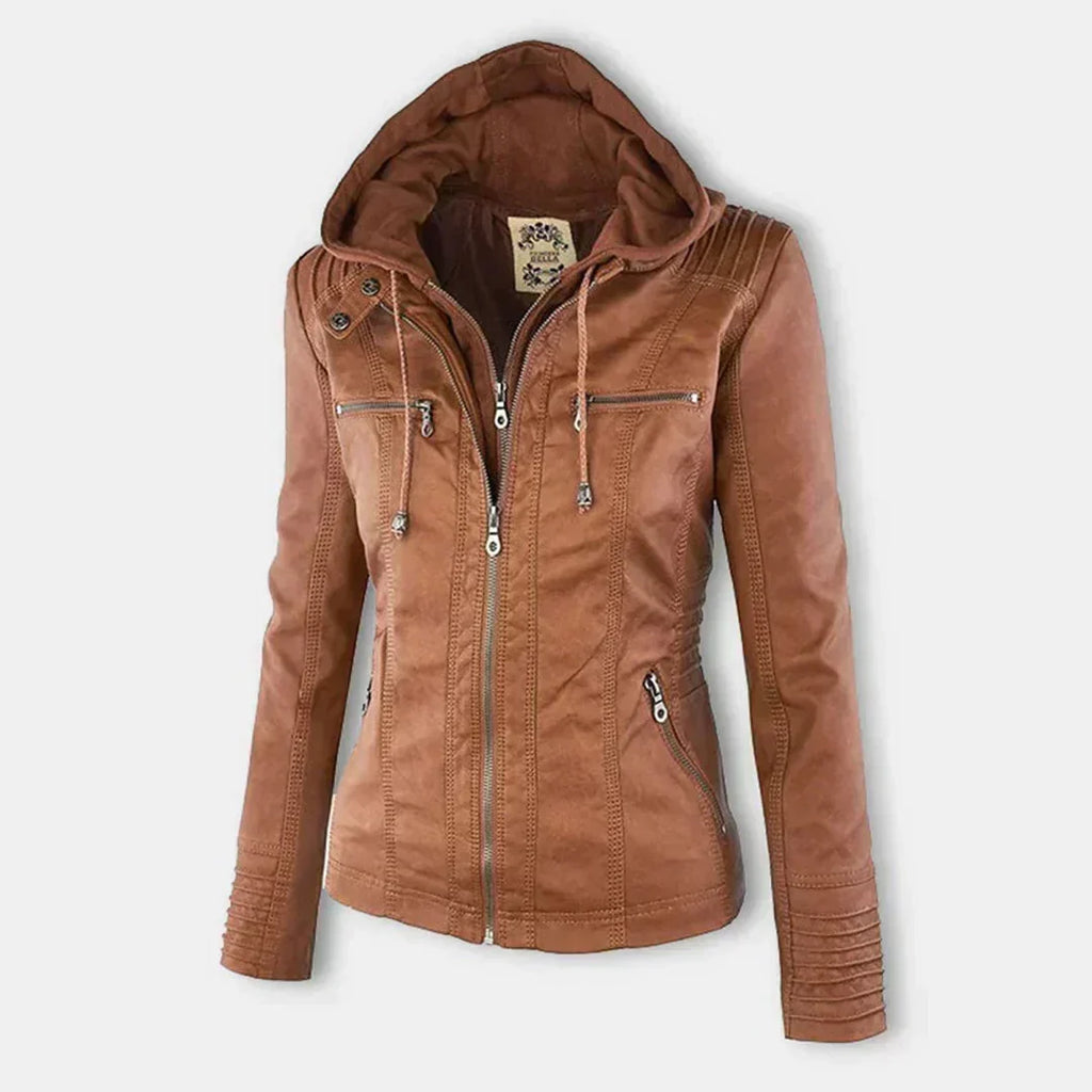 Elegant Leather Biker Jacket with Hood