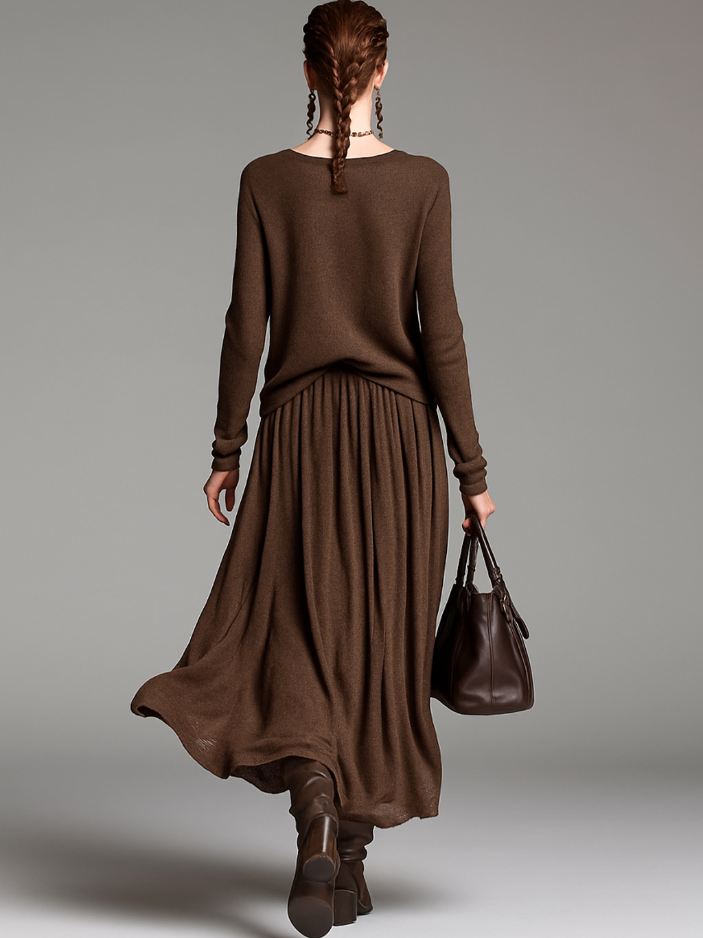 Women's Fashion Crew Neck Knitted Knit Sweater Skirt Set