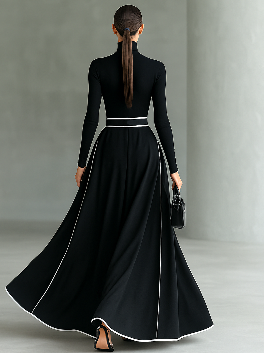Women's Black Stitching White Trim High Collar Long Sleeve Tight Belt Maxi-Length Dress
