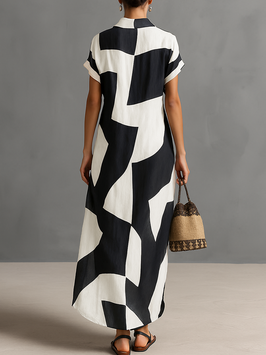 Modern Cotton-Linen Geometric Print Short-Sleeve Maxi Shirt Dress