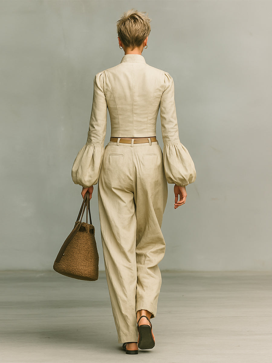 Coordinated Women's Retro Linen-like Fabric Stand-up Collar Single-breasted Shirt Trousers Two-Piece Set