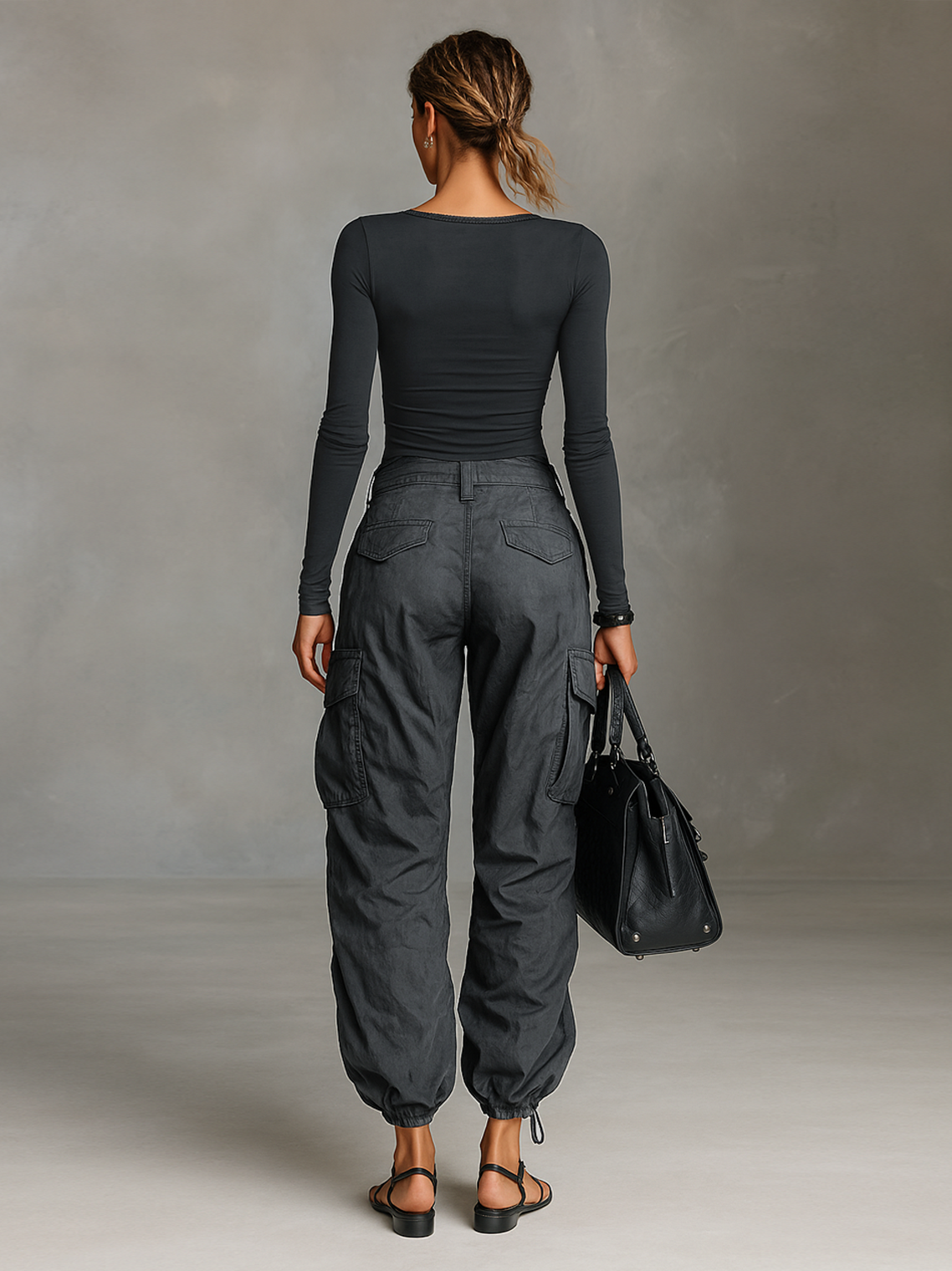 Women's Square Neck Long Sleeve T-Shirt Multi-Pocket Cargo Trousers Two-Piece Set