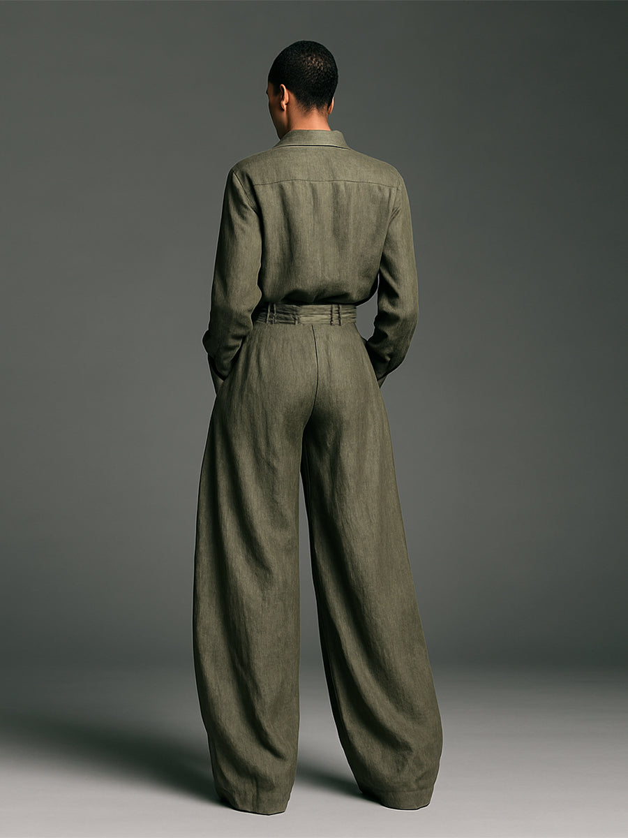 Women's Fashion Cotton And Linen Blended Long Sleeve Shirt Wide-Leg Trousers Two-Piece Set