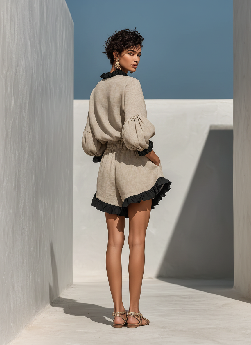 Beige Linen-Blend Ruffled Trim Blouse & Shorts Set