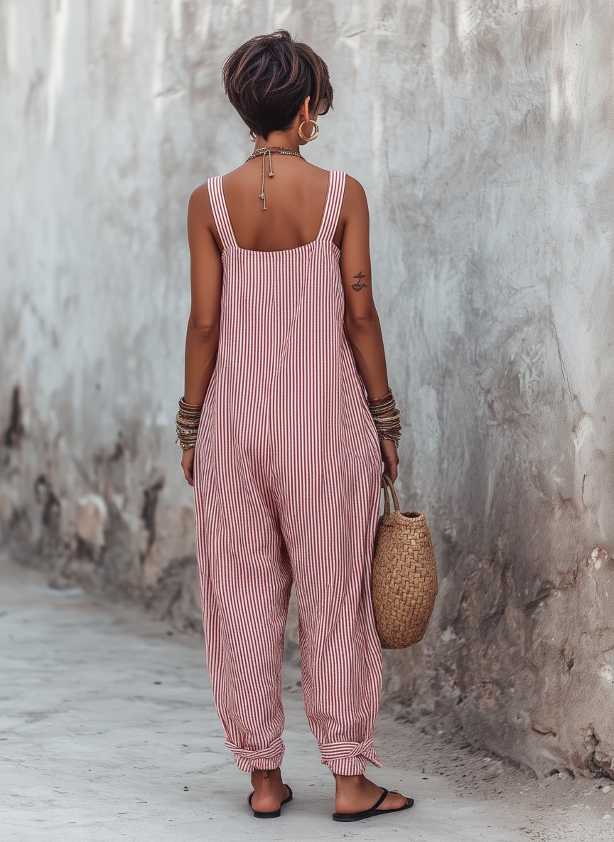 Clean-Lined Striped Square Neck Sleeveless Jumpsuit