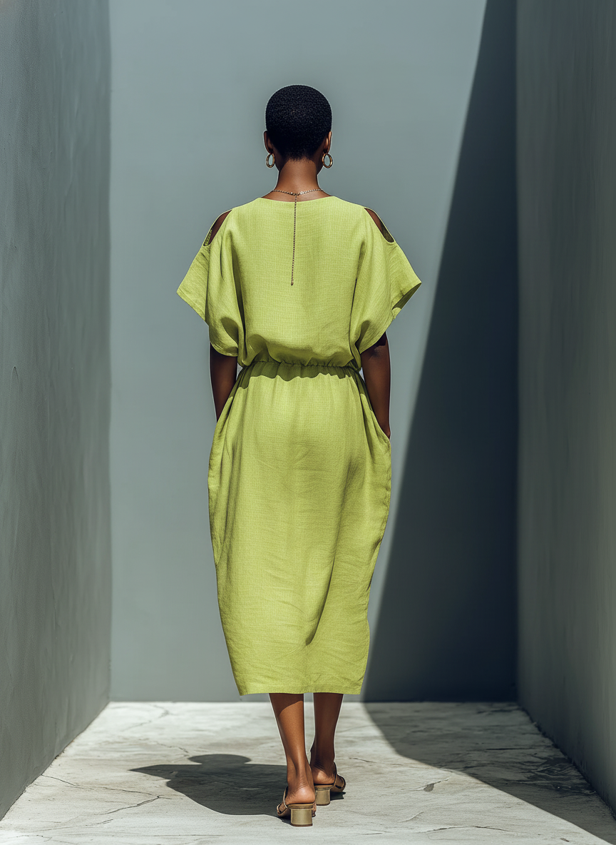 Lime Green Linen-Blend Cold Shoulder Midi-Length Dress