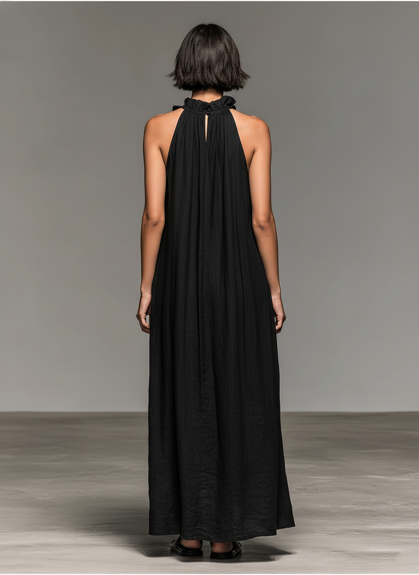 Linen Sleeveless Ruffled Maxi-Length Dress