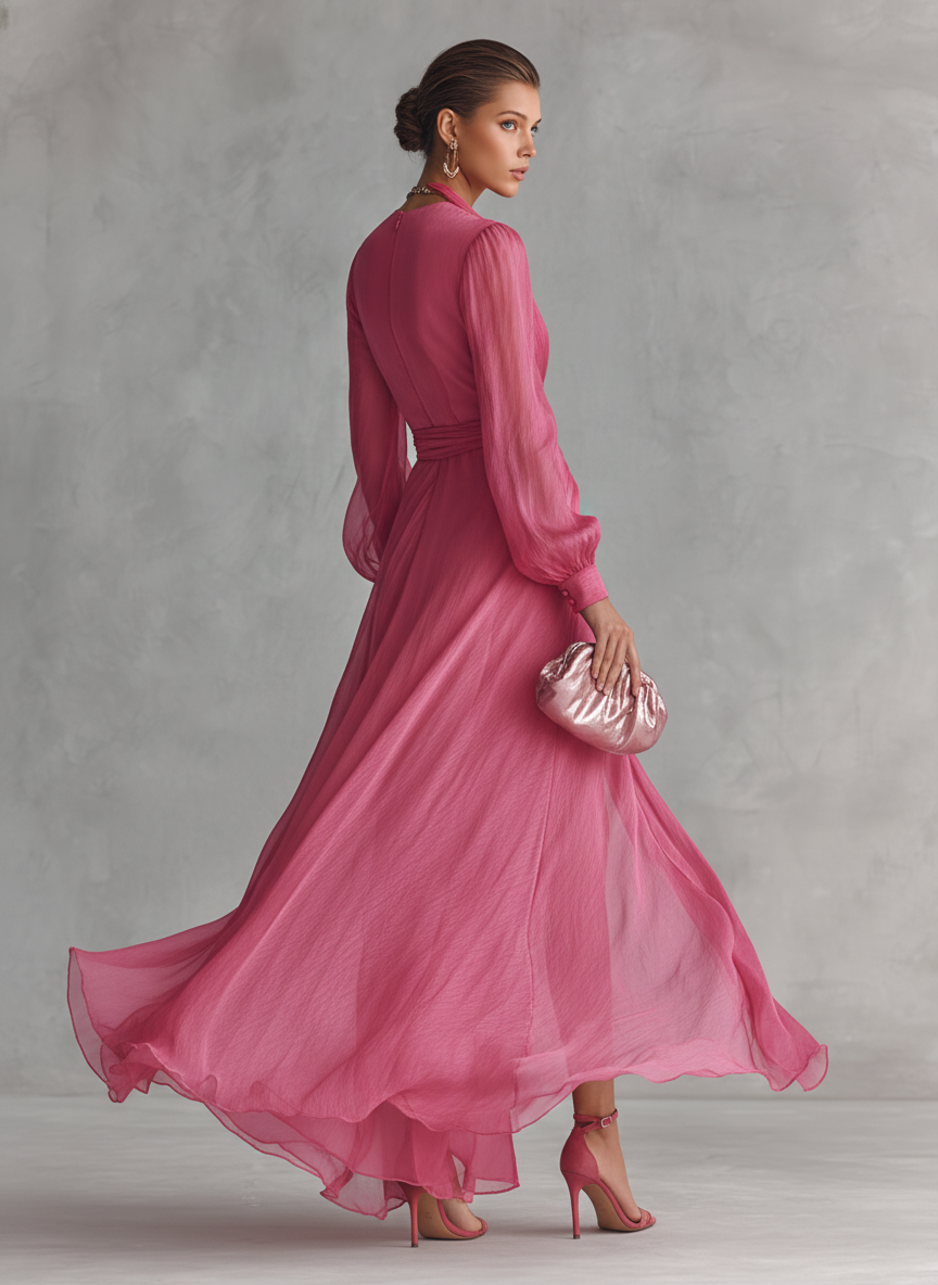 Refined Pearl Chiffon V-Neck Maxi-Length Dress