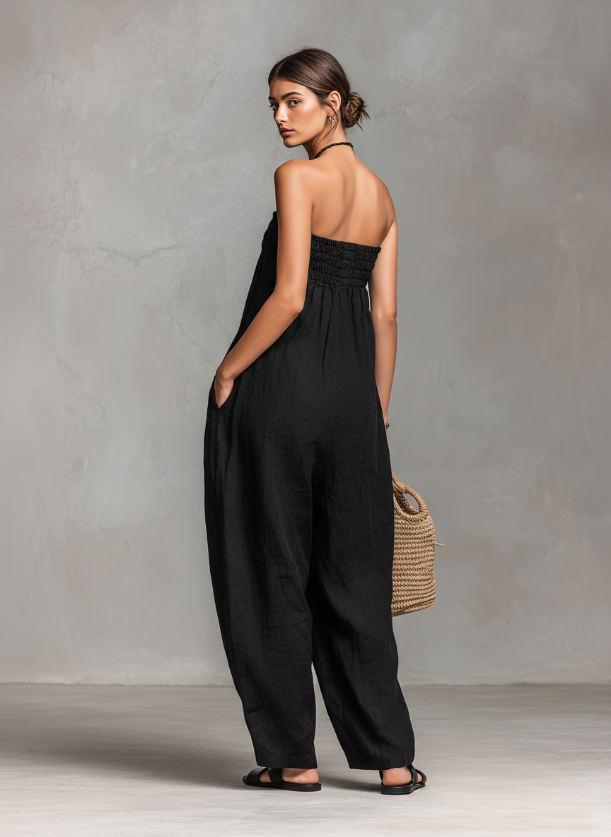 Modern Loose-Fit Linen-Blend Strapless Tie Jumpsuit