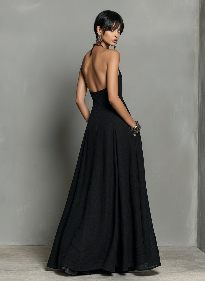 Clean-Lined Linen-Blend Halter Neck Maxi-Length Dress