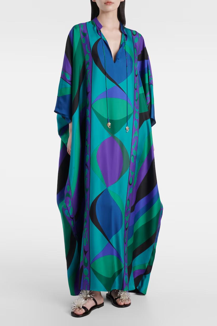 Modern Psychedelic Swirling Iride Satin Kaftan