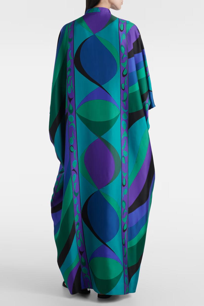 Modern Psychedelic Swirling Iride Satin Kaftan