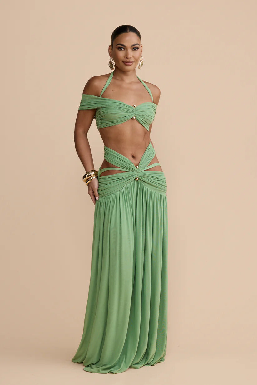 Coordinated Green Ruched Skirt Set