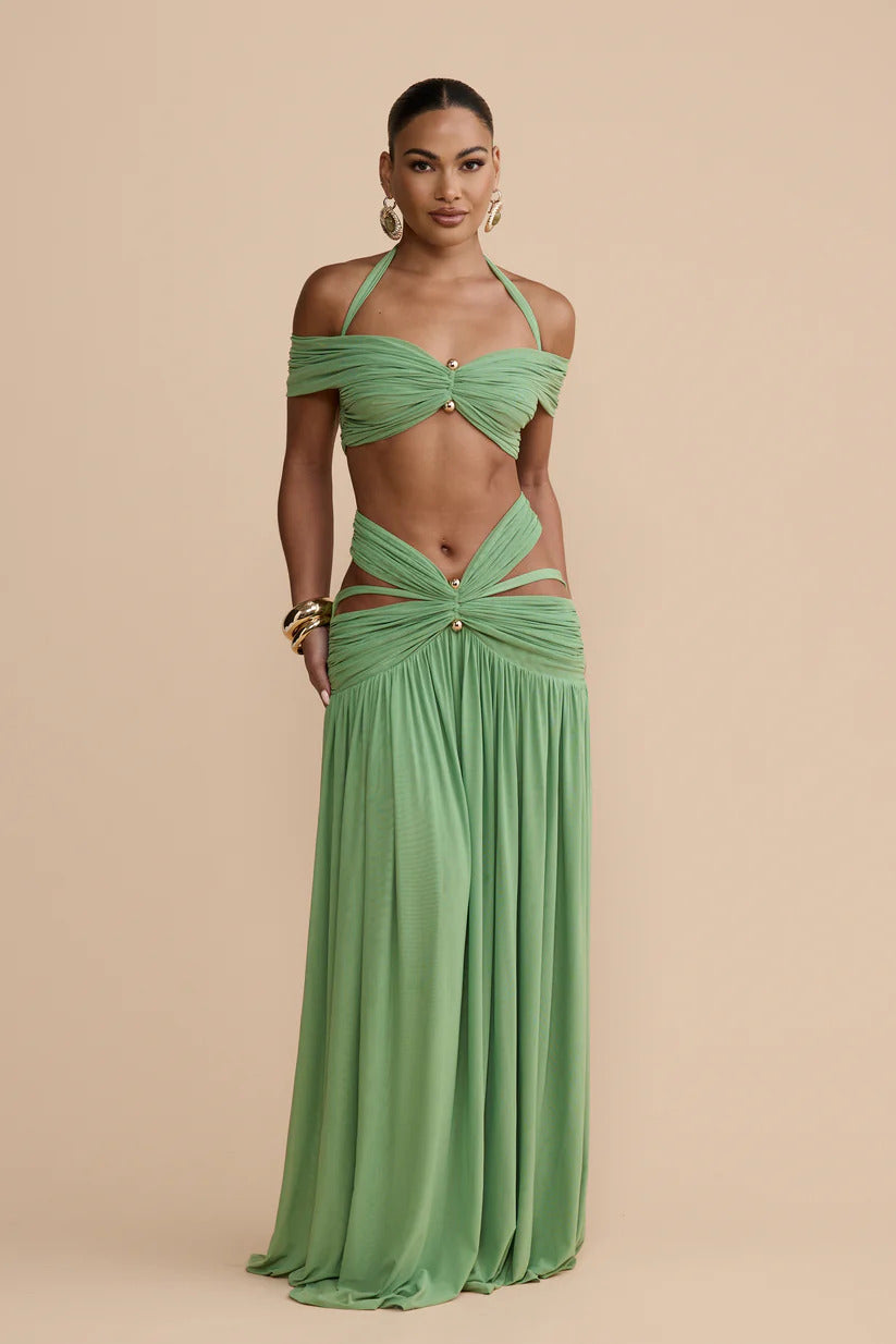 Coordinated Green Ruched Skirt Set