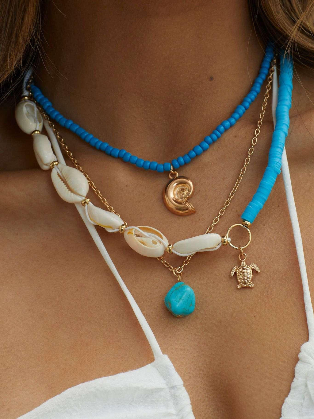 Statement Bora Bora Shell Bead Multi-Layer Necklace Gold