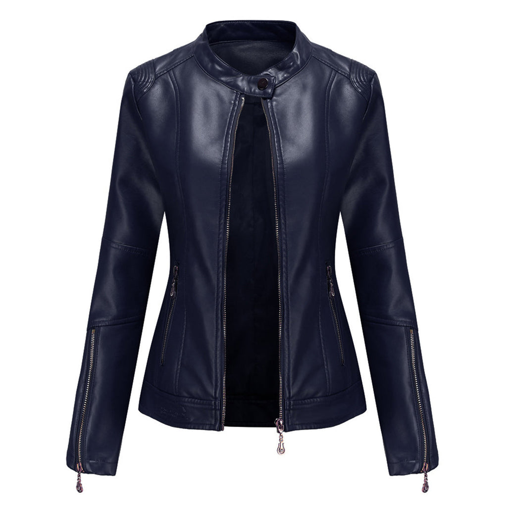 Elegant Leather Jacket with Crew Neck and Button Closure
