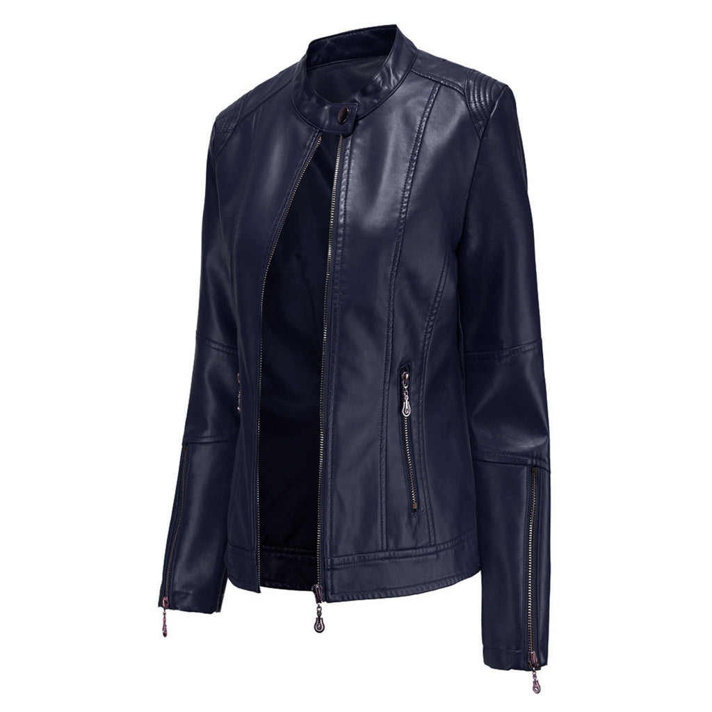 Elegant Leather Jacket with Crew Neck and Button Closure