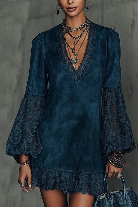 Faux Suede Flared Sleeve Lace Mini-Length Dress