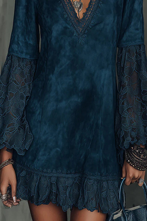 Faux Suede Flared Sleeve Lace Mini-Length Dress