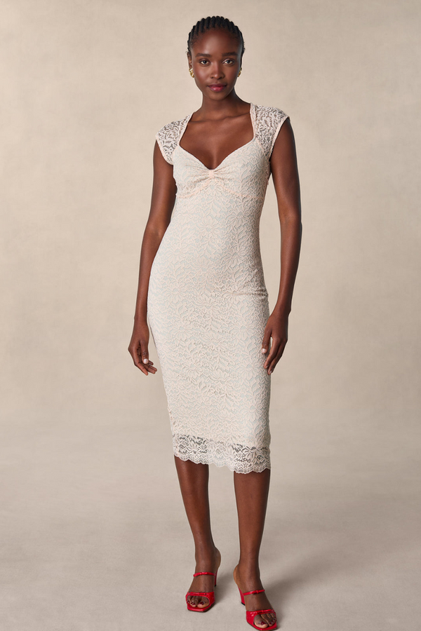 Nora Flower Lace Bow Midi-Length Dress