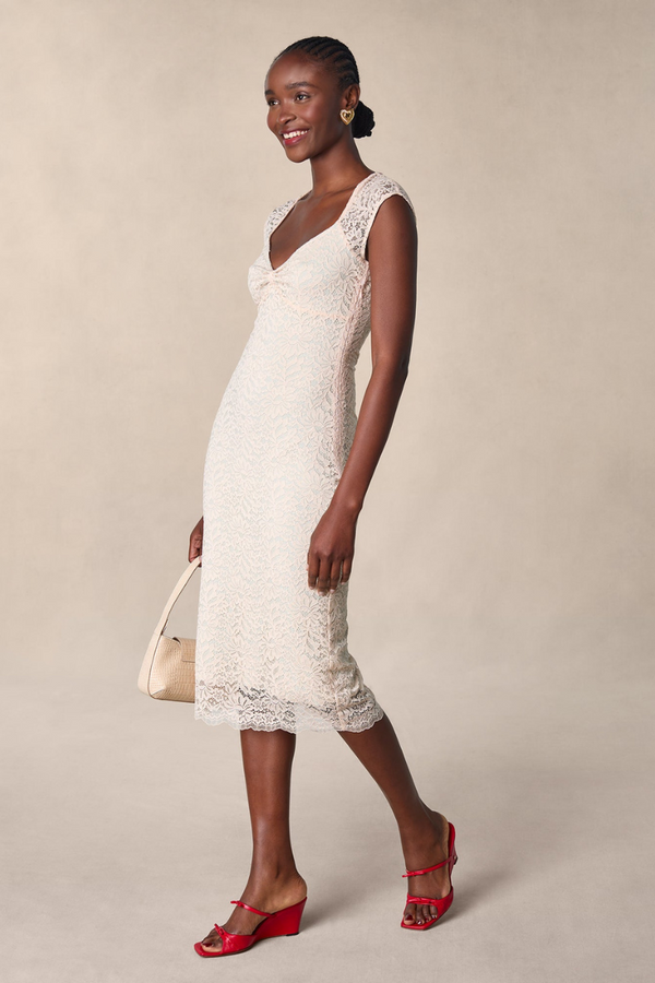 Nora Flower Lace Bow Midi-Length Dress