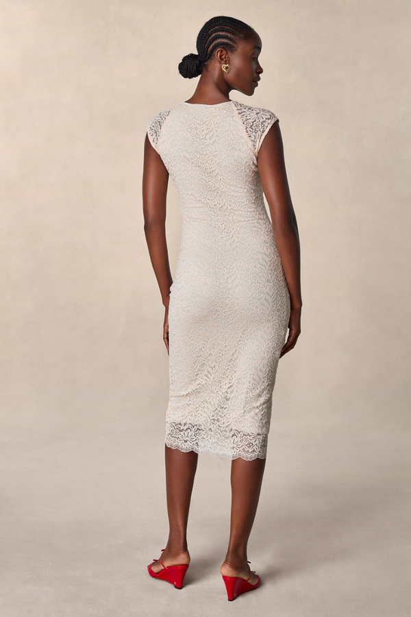 Nora Flower Lace Bow Midi-Length Dress