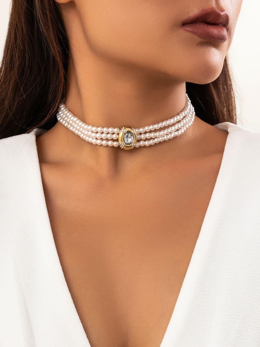 Statement Short faux pearl and turquoise bead necklace