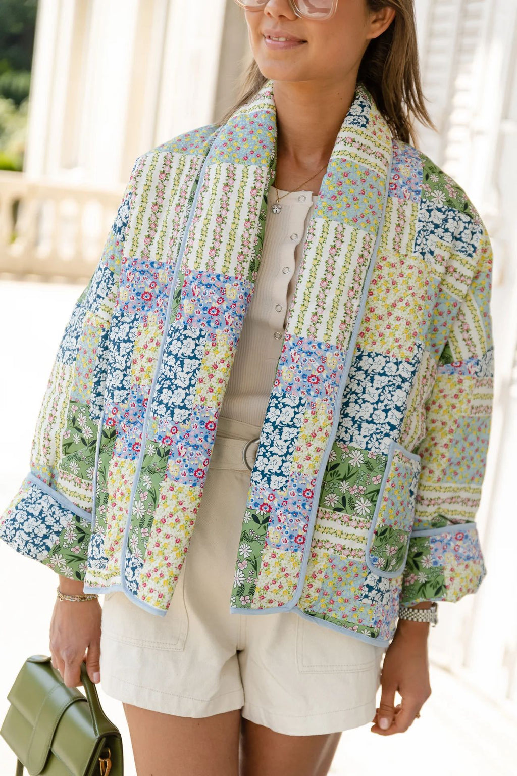 Jacket with Floral Print, Patchwork and Pockets