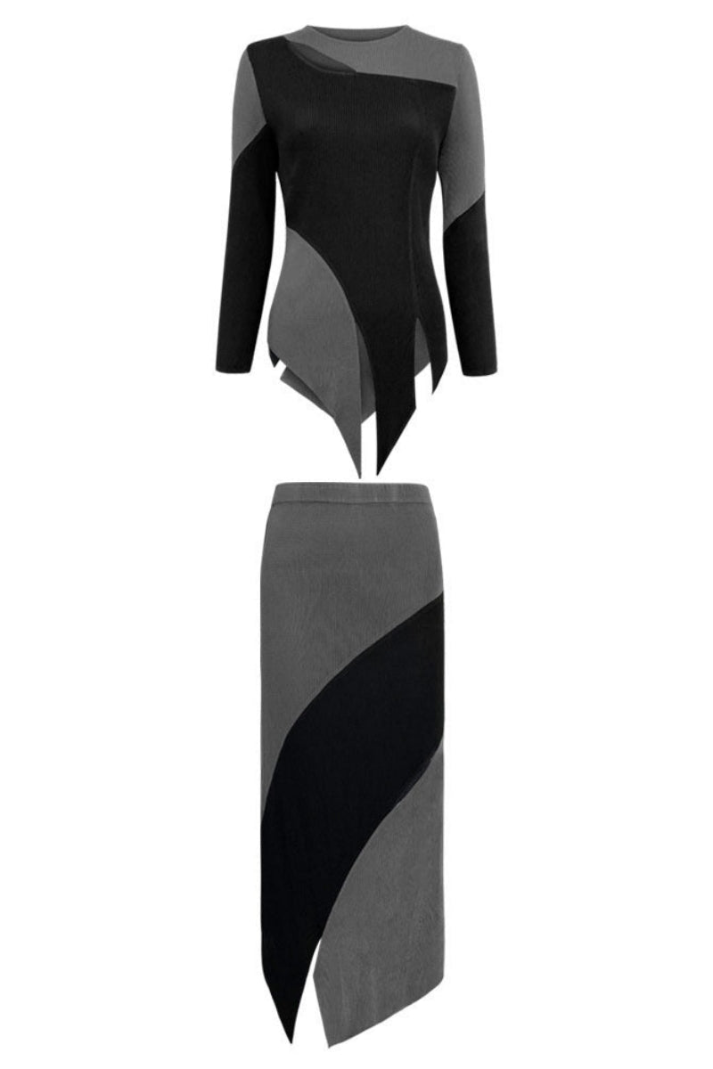 Stylish Patchwork Pleated Irregular Skirt Set