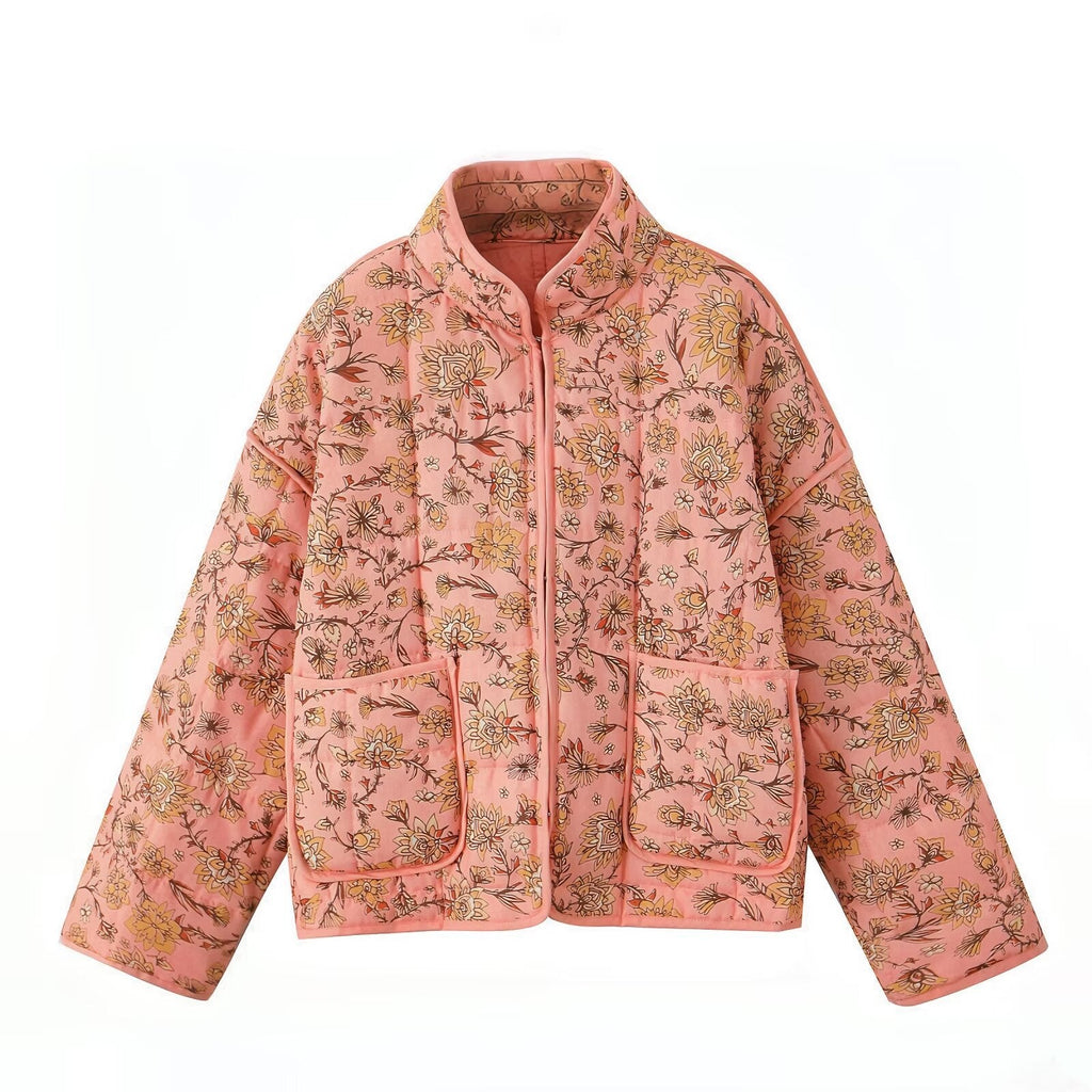 Jacket with Floral Print, Patchwork and Stand Collar