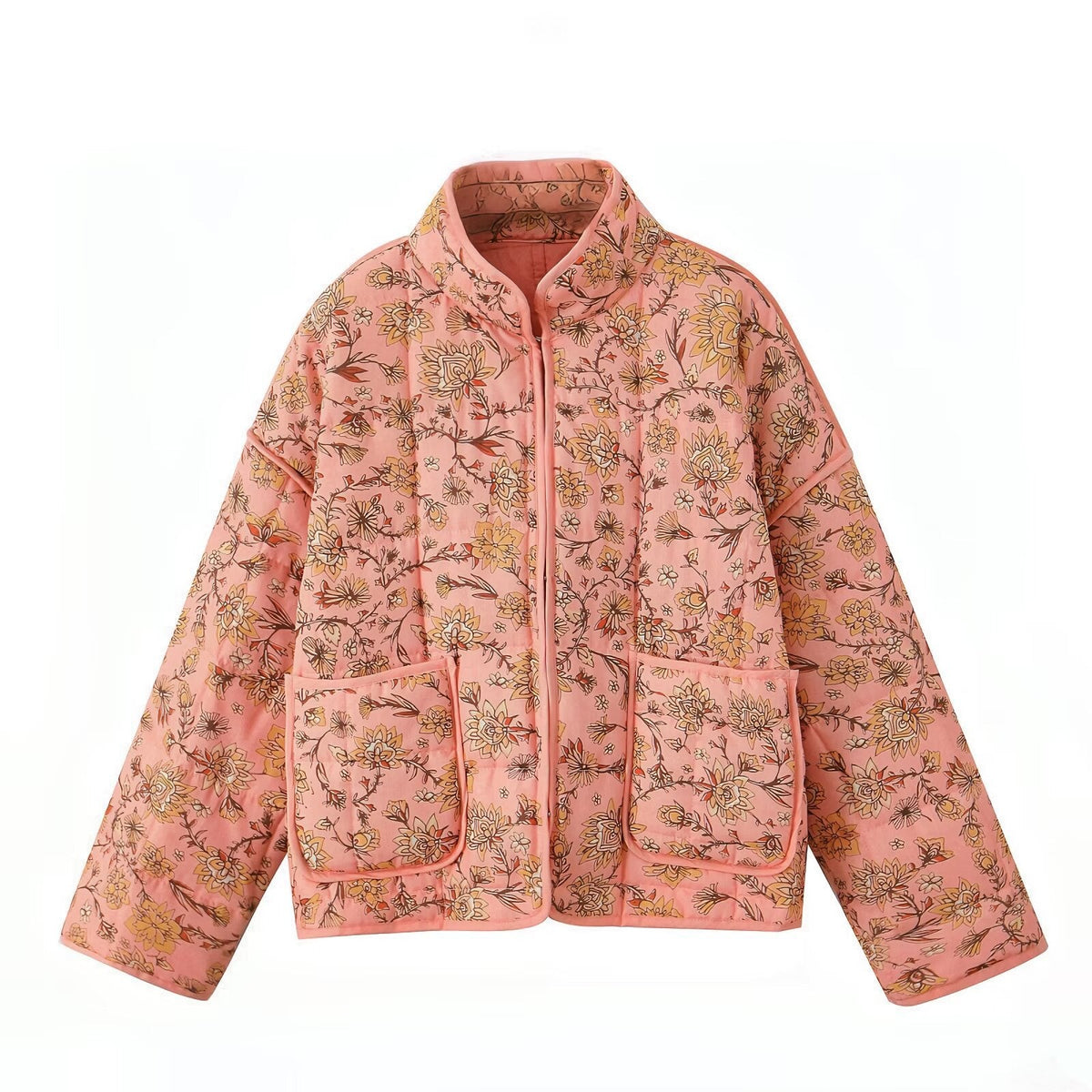 Jacket with Floral Print, Patchwork and Stand Collar