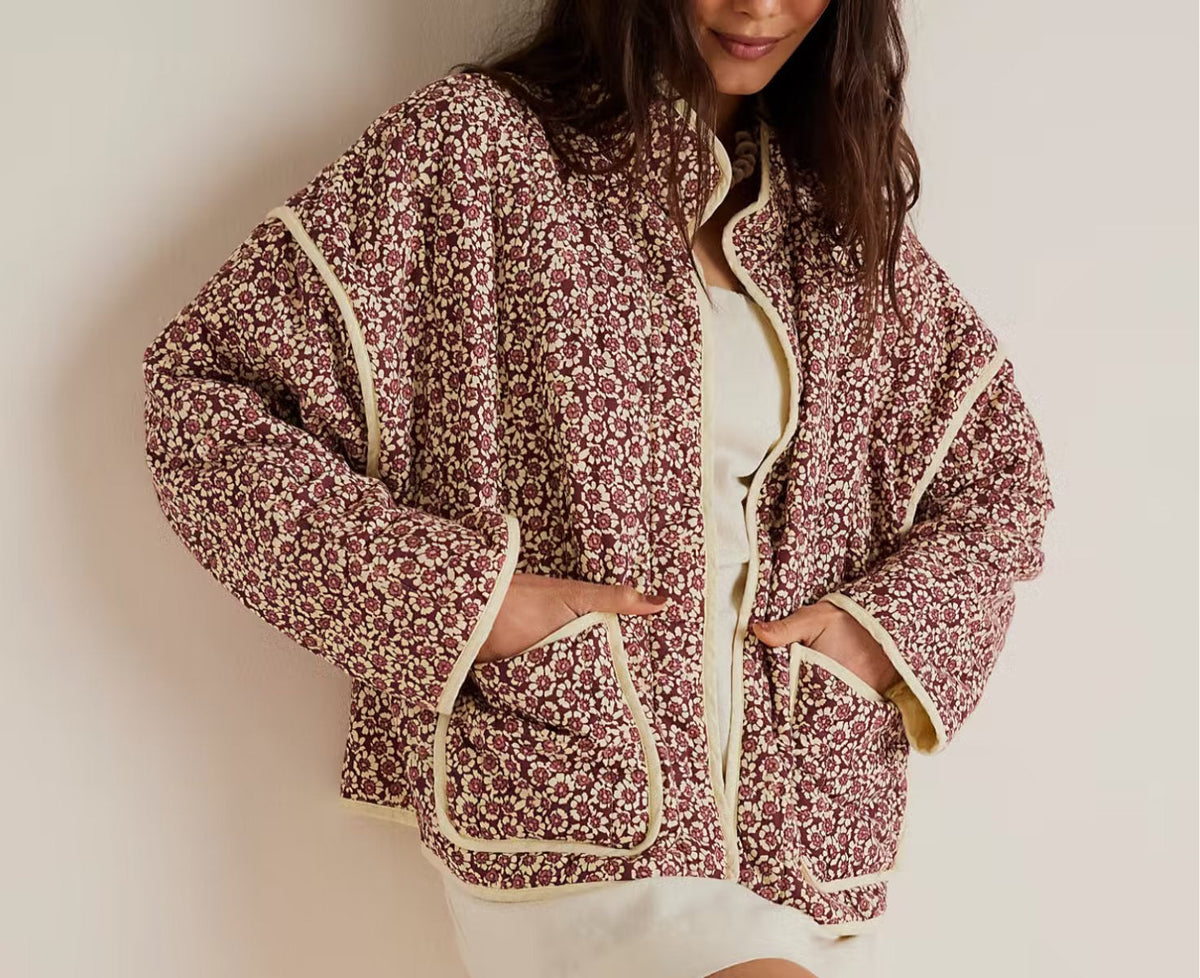 Jacket with Floral Print, Pockets and Drop Shoulders in Purple
