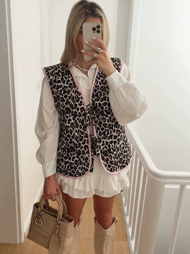 Denim Vest with Leopard Print, Bow Details and Relaxed Fit