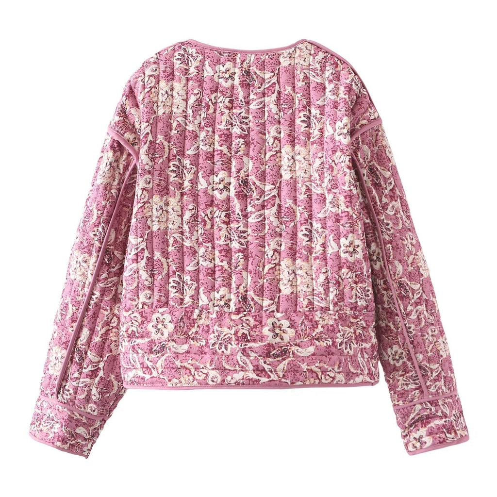 Quilted Jacket with Fitted Cut, Floral Print and Button Closure