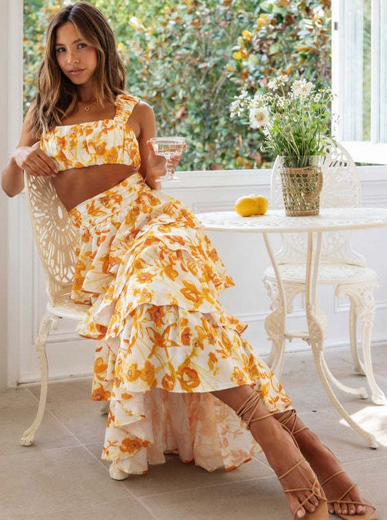 Daniela - Two-Piece Set - Short Top and Overlay Skirt with Floral Print in Orange