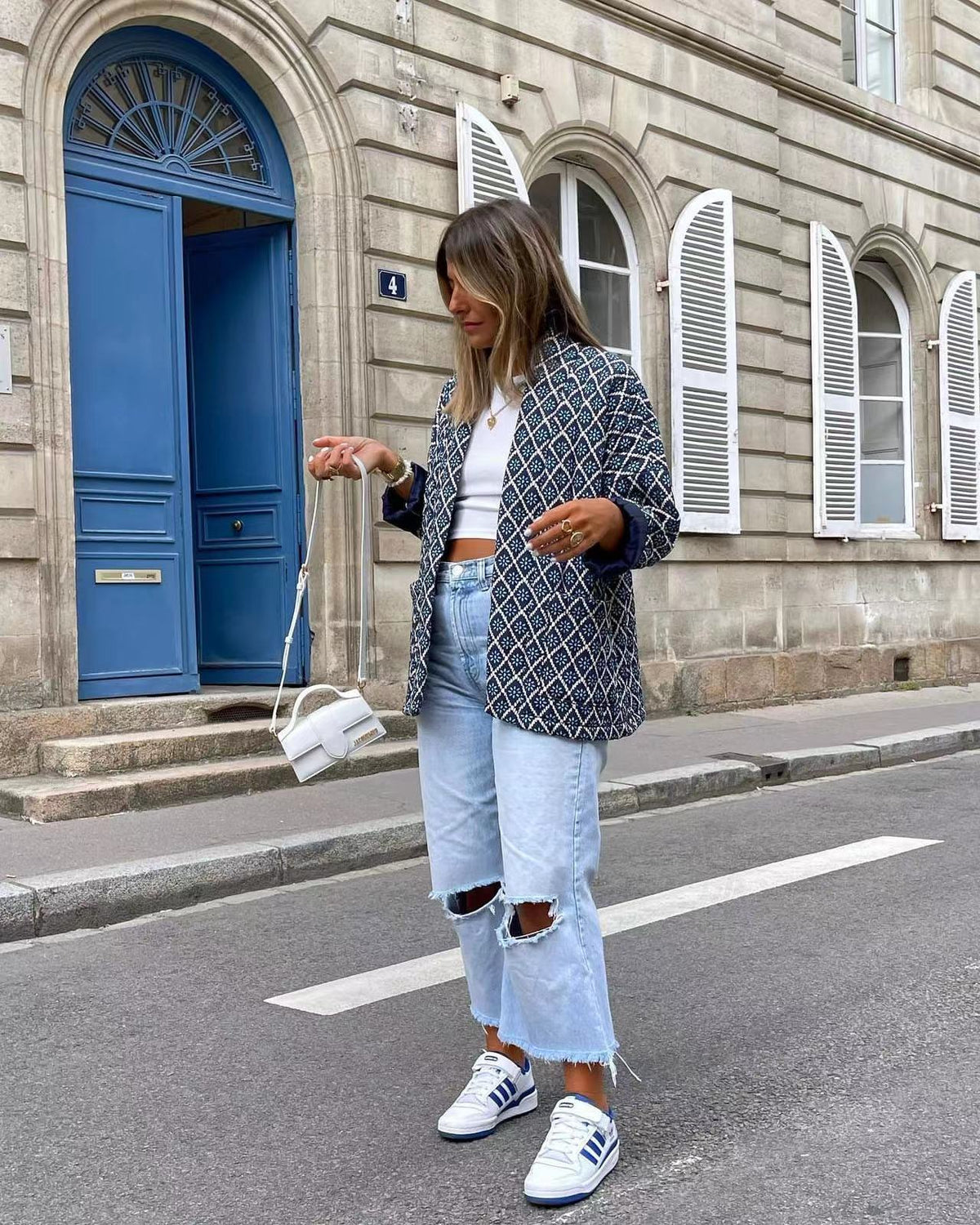 Quilted Jacket with Floral Print, Geometric Pattern and Pockets