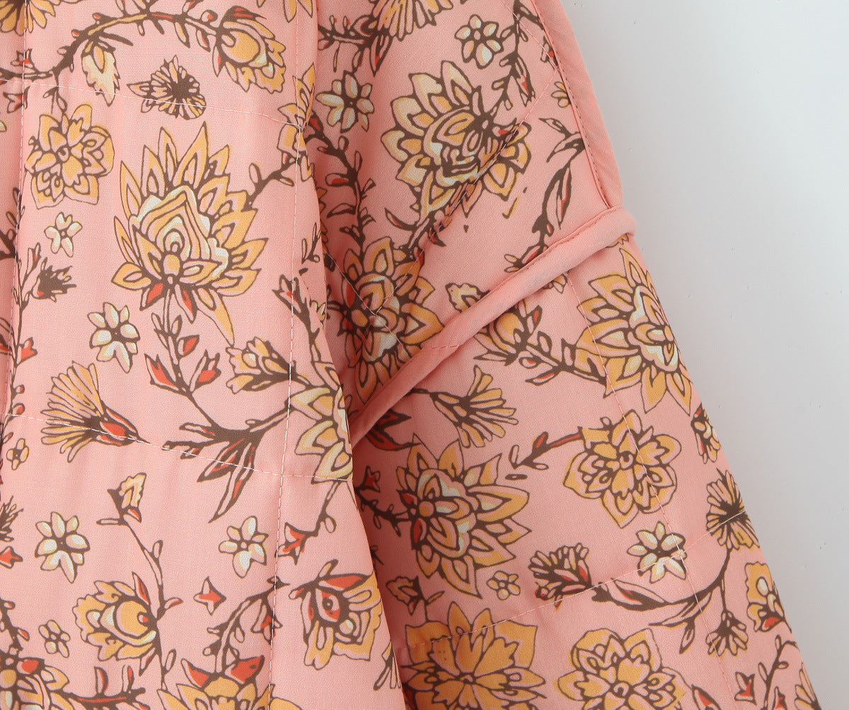 Jacket with Floral Print, Patchwork and Stand Collar
