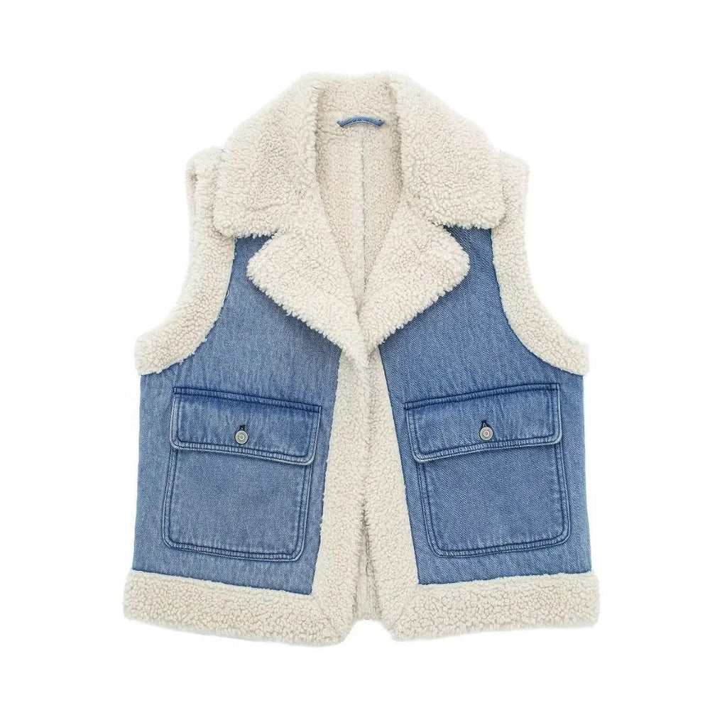 Denim Vest with Lapel Collar and Pockets