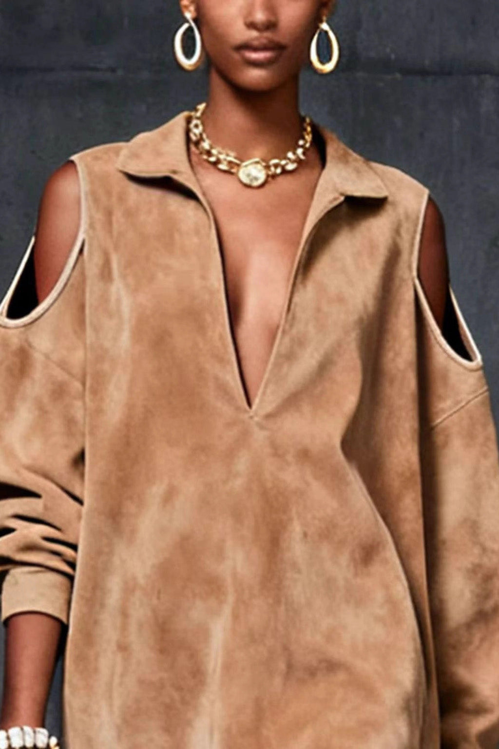 Camel Faux Suede Cold-Shoulder Mini-Length Dress