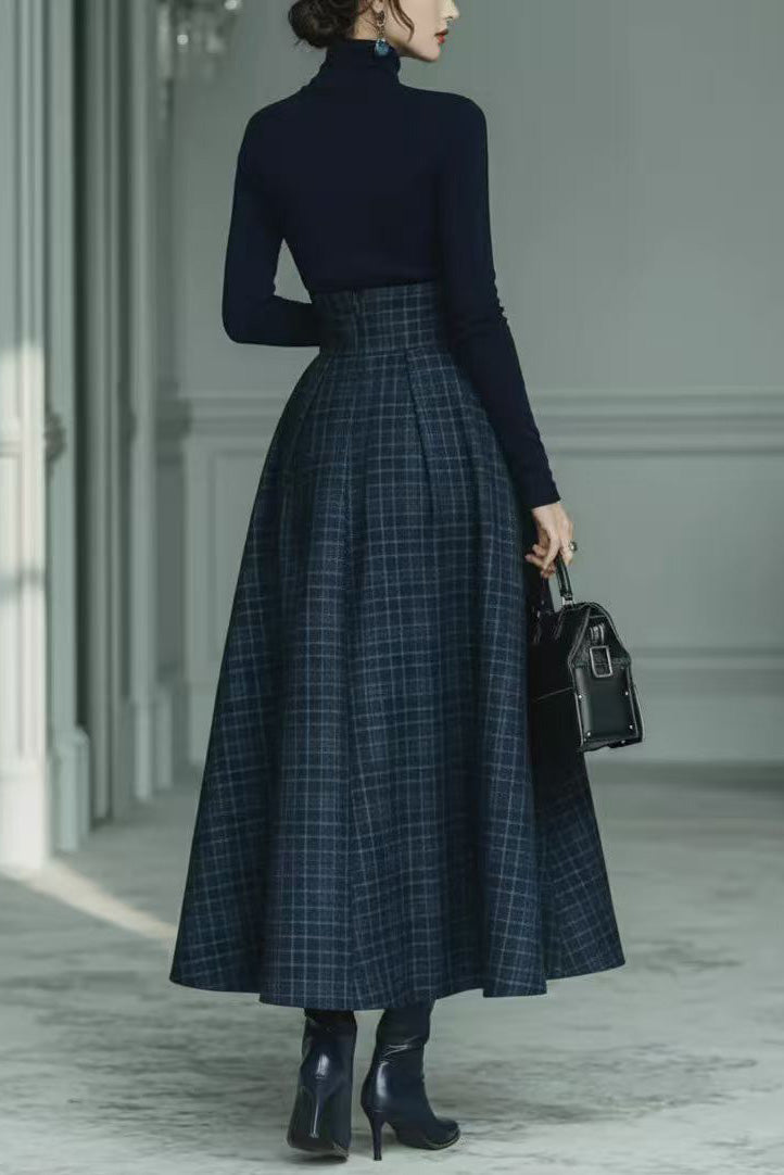 Coordinated Dark Blue Turtleneck Stretch Top And Plaid Skirt Set