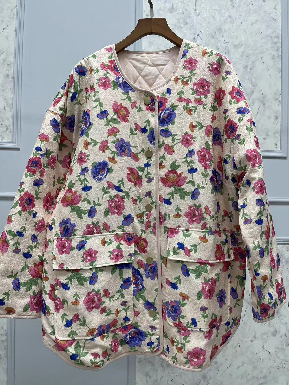 Denim Jacket with Floral Print, Pockets and Relaxed Fit